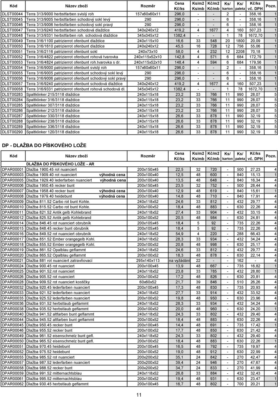 herbstfarben schodový sokl pravý 290 296,0 - - 6-358,16 1 DLST00047 Terra 313/9240 herbstfarben schodová dlaždice 340x240x12 419,2 4 1677 4 160 507,23 1 DLST00048 Terra 313/9331 herbstfarben roh.