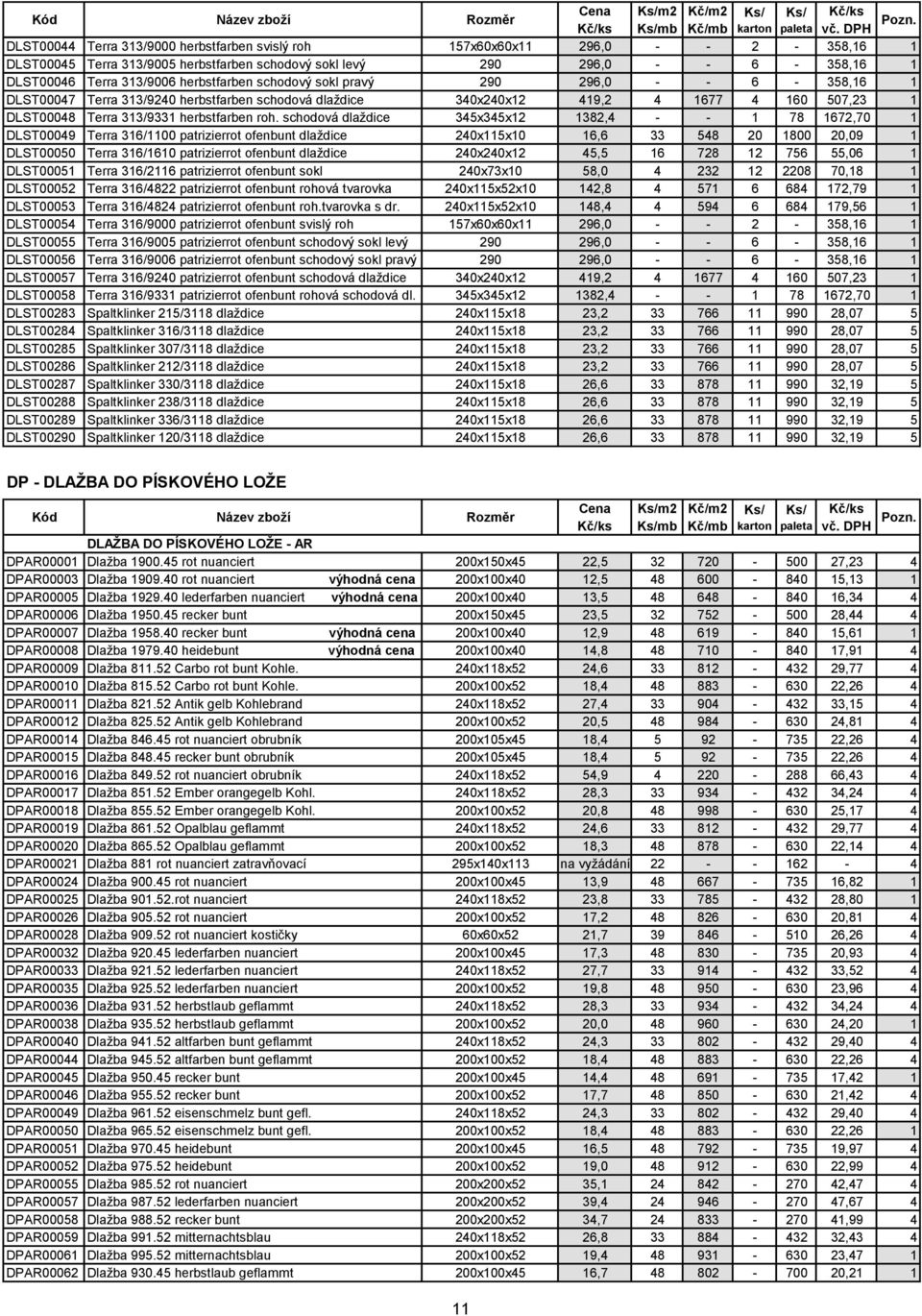 herbstfarben schodový sokl pravý 290 296,0 - - 6-358,16 1 DLST00047 Terra 313/9240 herbstfarben schodová dlaždice 340x240x12 419,2 4 1677 4 160 507,23 1 DLST00048 Terra 313/9331 herbstfarben roh.