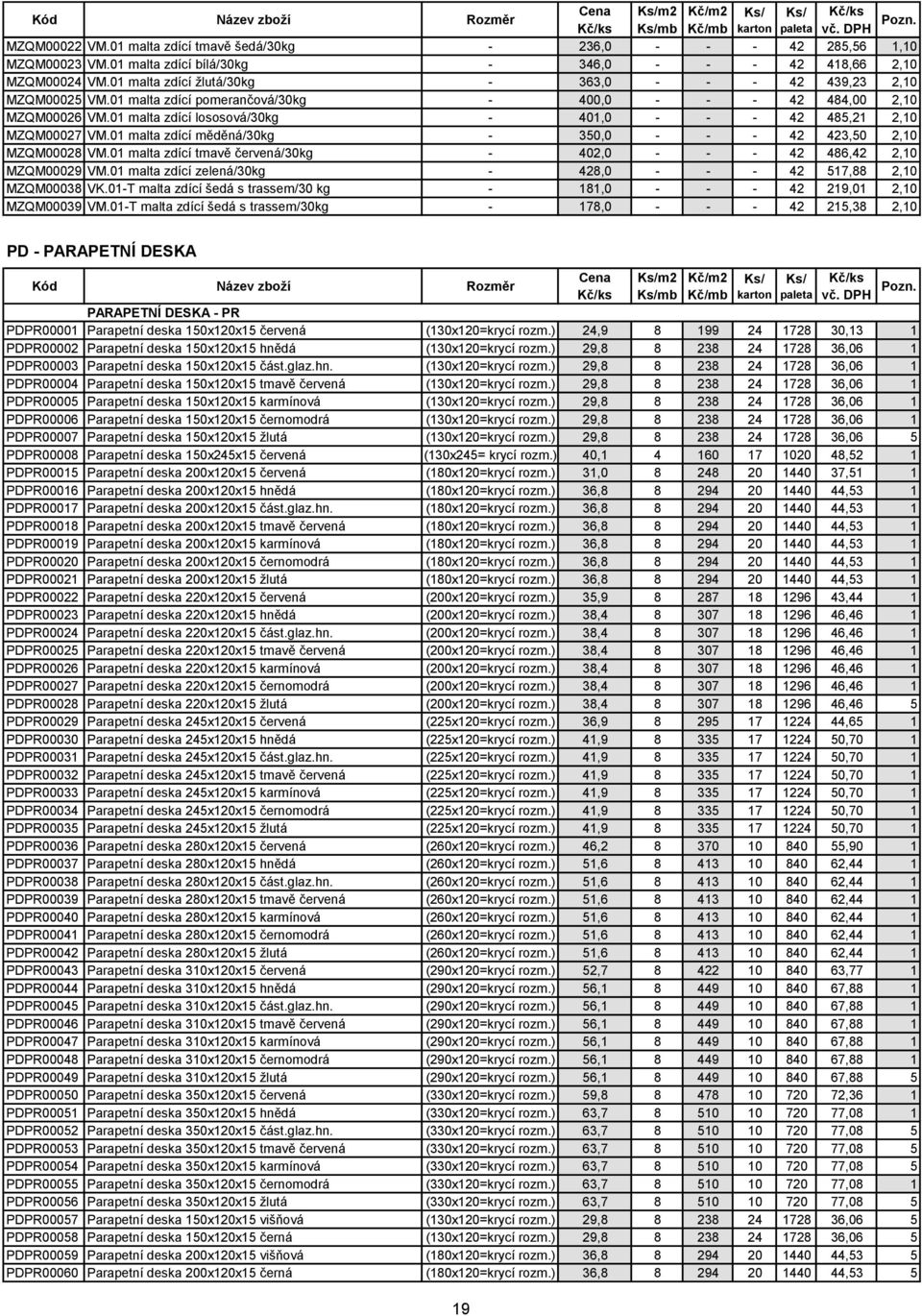 01 malta zdící lososová/30kg - 401,0 - - - 42 485,21 2,10 MZQM00027 VM.01 malta zdící měděná/30kg - 350,0 - - - 42 423,50 2,10 MZQM00028 VM.