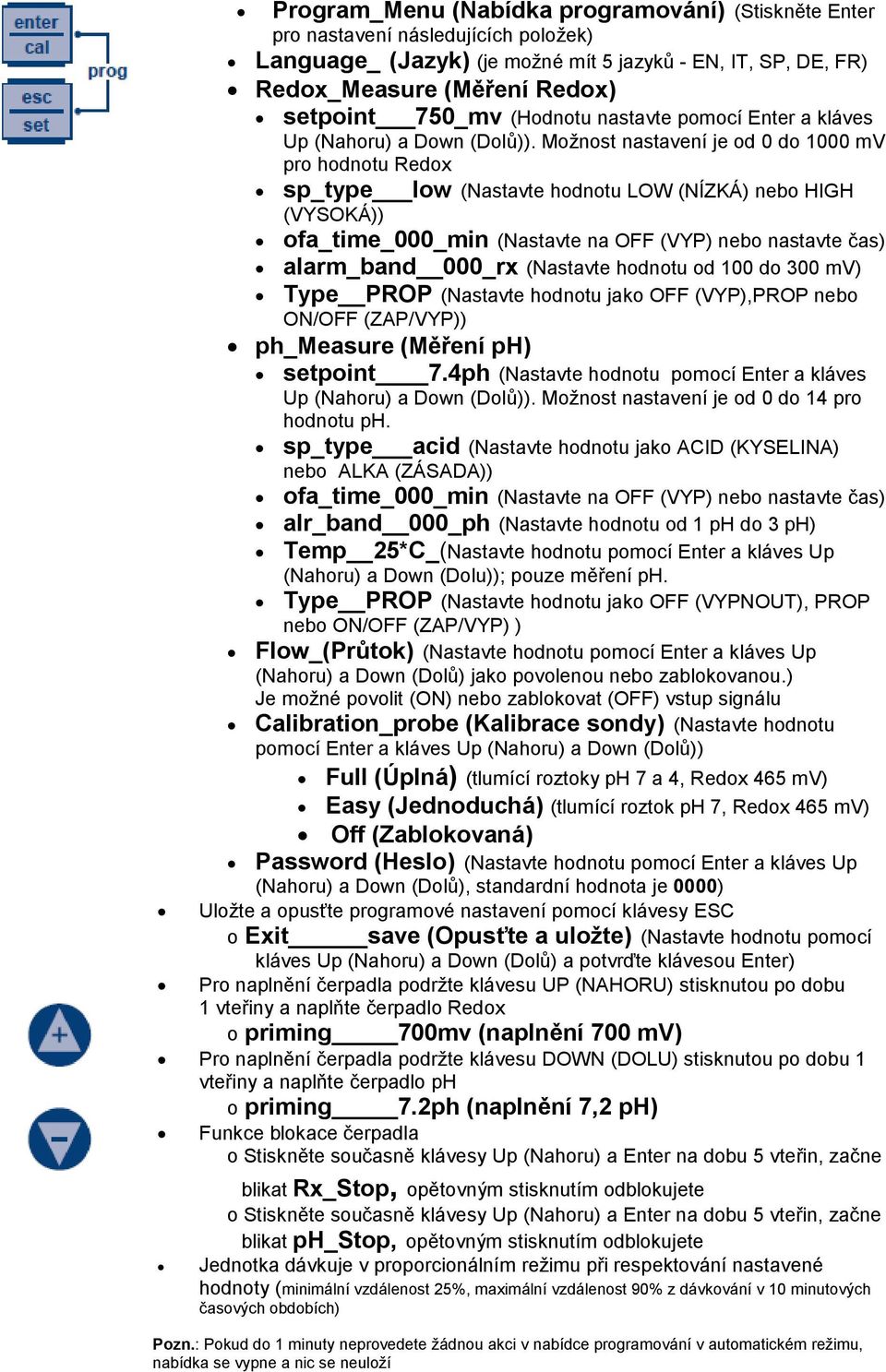 Možnost nastavení je od 0 do 1000 mv pro hodnotu Redox sp_type low (Nastavte hodnotu LOW (NÍZKÁ) nebo HIGH (VYSOKÁ)) ofa_time_000_min (Nastavte na OFF (VYP) nebo nastavte čas) alarm_band 000_rx