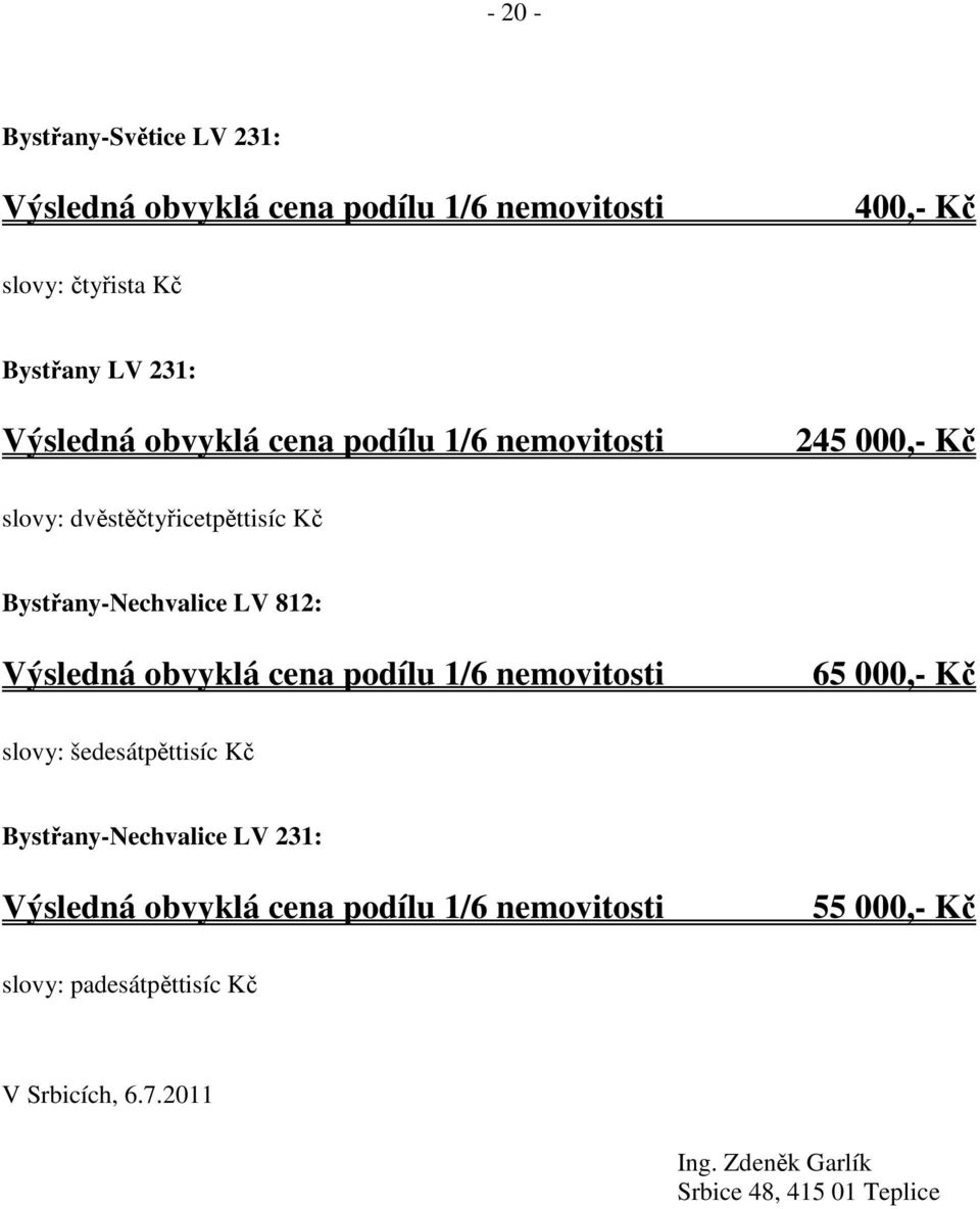 Výsledná obvyklá cena podílu 1/6 nemovitosti 65 000,- Kč slovy: šedesátpěttisíc Kč Bystřany-Nechvalice LV 231: Výsledná