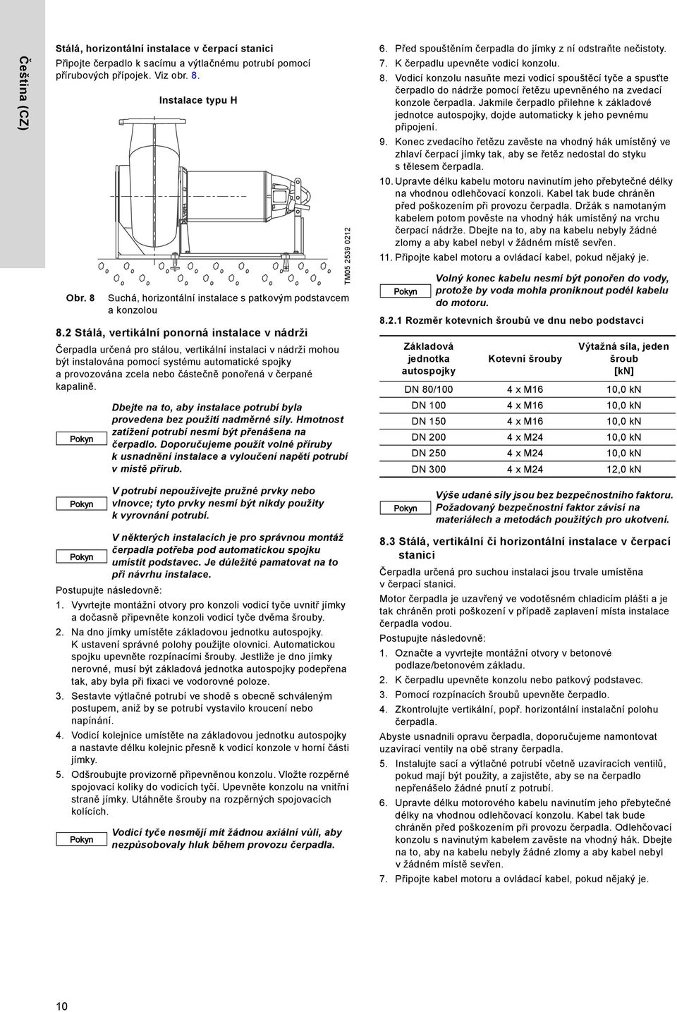 2 Stálá, vertikální ponorná instalace v nádrži Čerpadla určená pro stálou, vertikální instalaci v nádrži mohou být instalována pomocí systému automatické spojky a provozována zcela nebo částečně