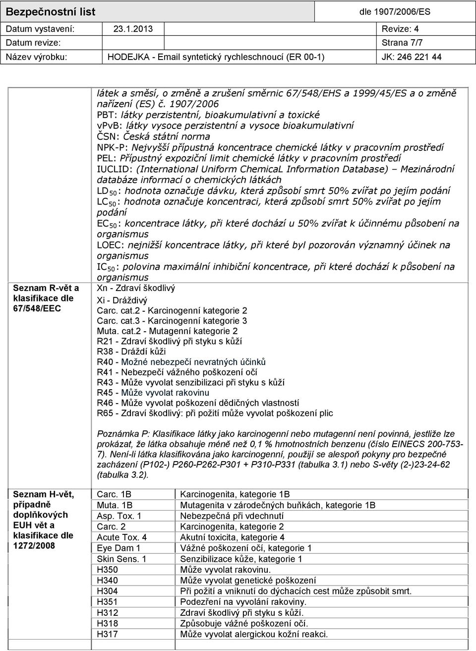 pracovním prostředí PEL: Přípustný expoziční limit chemické látky v pracovním prostředí IUCLID: (International Uniform ChemicaL Information Database) Mezinárodní databáze informací o chemických