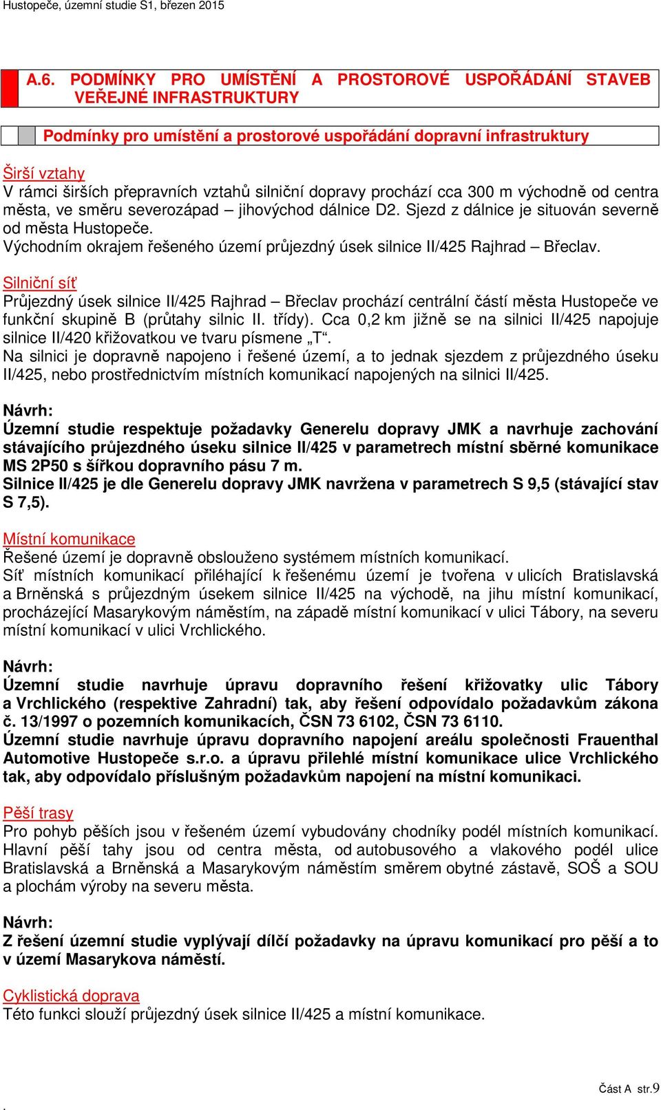 průjezdný úsek silnice II/425 Rajhrad Břeclav Silniční síť Průjezdný úsek silnice II/425 Rajhrad Břeclav prochází centrální částí města Hustopeče ve funkční skupině B (průtahy silnic II třídy) Cca