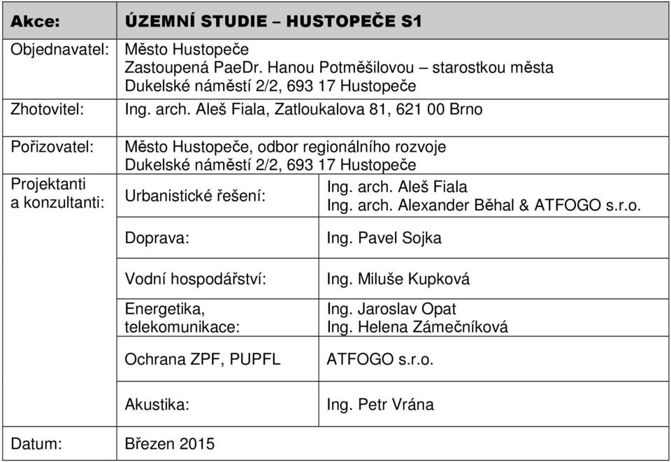 náměstí 2/2, 693 17 Hustopeče Ing arch Aleš Fiala Urbanistické řešení: Ing arch Alexander Běhal & ATFOGO sro Doprava: Vodní hospodářství: Energetika,