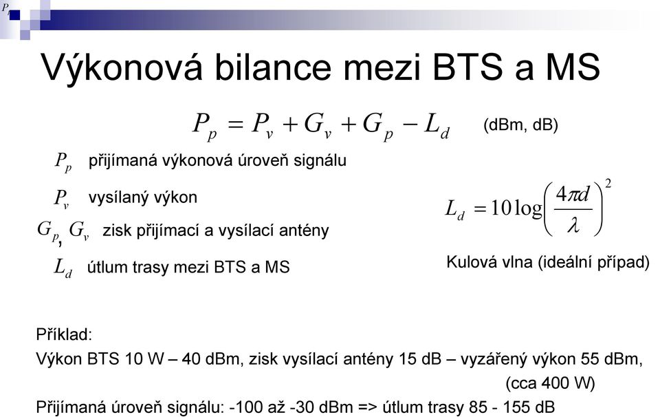 BTS a MS Kulová vlna (ideální případ) L d 2 Příklad: Výkon BTS 10 W 40 dbm, zisk vysílací antény 15