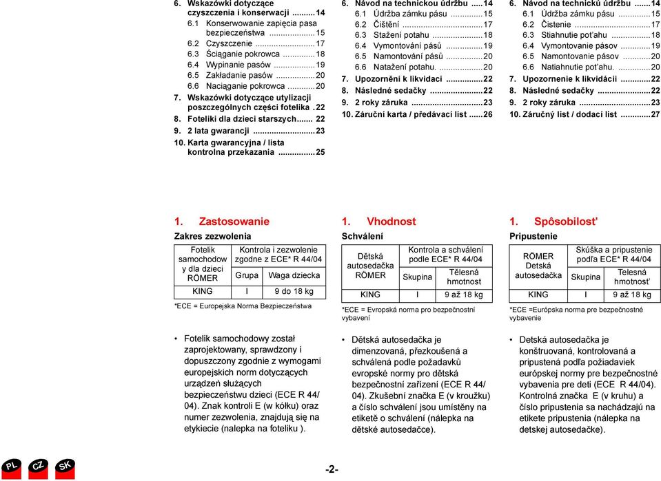 Karta gwarancyjna / lista kontrolna przekazania...25 6. Návod na technickou údržbu...14 6.1 Údržba zámku pásu...15 6.2 Čištění...17 6.3 Stažení potahu...18 6.4 Vymontování pásů...19 6.