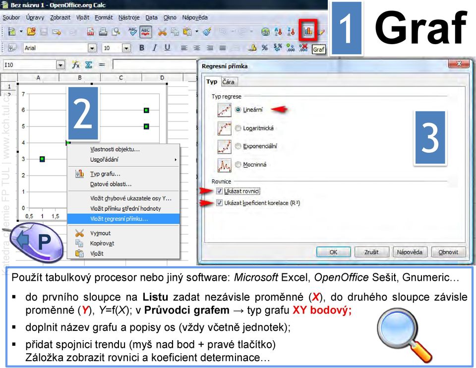 Y=f(X); v Průvodci grafem typ grafu XY bodový; doplnit název grafu a popisy os (vždy včetně jednotek);