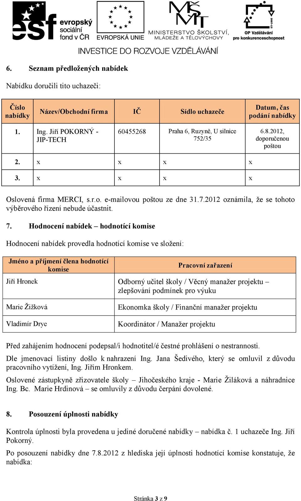 7. Hodnocení nabídek hodnotící komise Hodnocení nabídek provedla hodnotící komise ve sloţení: Jméno a příjmení člena hodnotící komise Pracovní zařazení Jiří Hronek Odborný učitel školy / Věcný