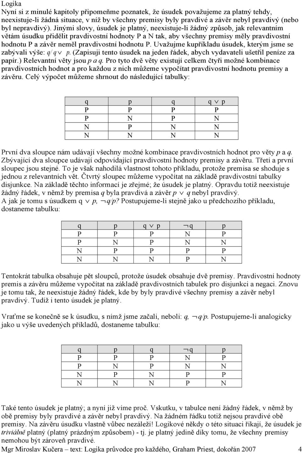 pravdivostní hodnotu P. Uvažujme kupříkladu úsudek, kterým jsme se zabývali výše: q/ q p. (Zapisuji tento úsudek na jeden řádek, abych vydavateli ušetřil peníze za papír.) Relevantní věty jsou p a q.