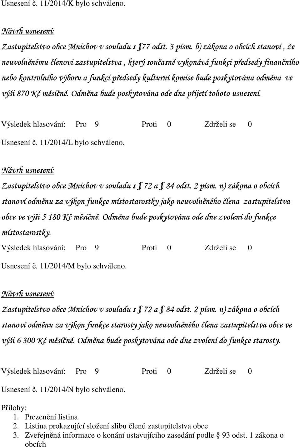 odměna ve výši 870 Kč měsíčně. Odměna bude poskytována ode dne přijetí tohoto usnesení. Usnesení č. 11/2014/L bylo schváleno. Zastupitelstvo obce Mnichov v souladu s 72 a 84 odst. 2 písm.