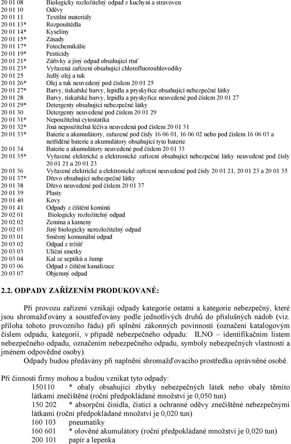 01 27* Barvy, tiskařské barvy, lepidla a pryskyřice obsahující nebezpečné látky 20 01 28 Barvy, tiskařské barvy, lepidla a pryskyřice neuvedené pod číslem 20 01 27 20 01 29* Detergenty obsahující