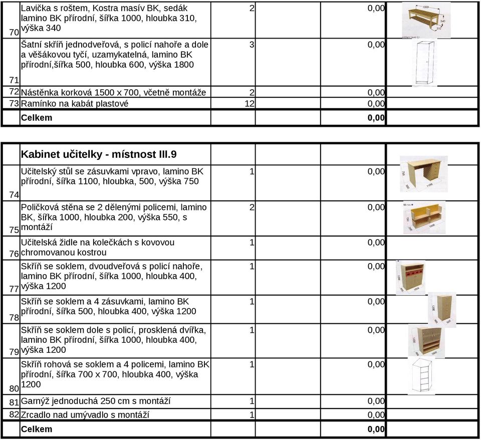 9 Učitelský stůl se zásuvkami vpravo, lamino BK přírodní, šířka 00, hloubka, 500, výška 750 Poličková stěna se dělenými policemi, lamino BK, šířka 000, hloubka 00, výška 550, s 75 montáží Učitelská