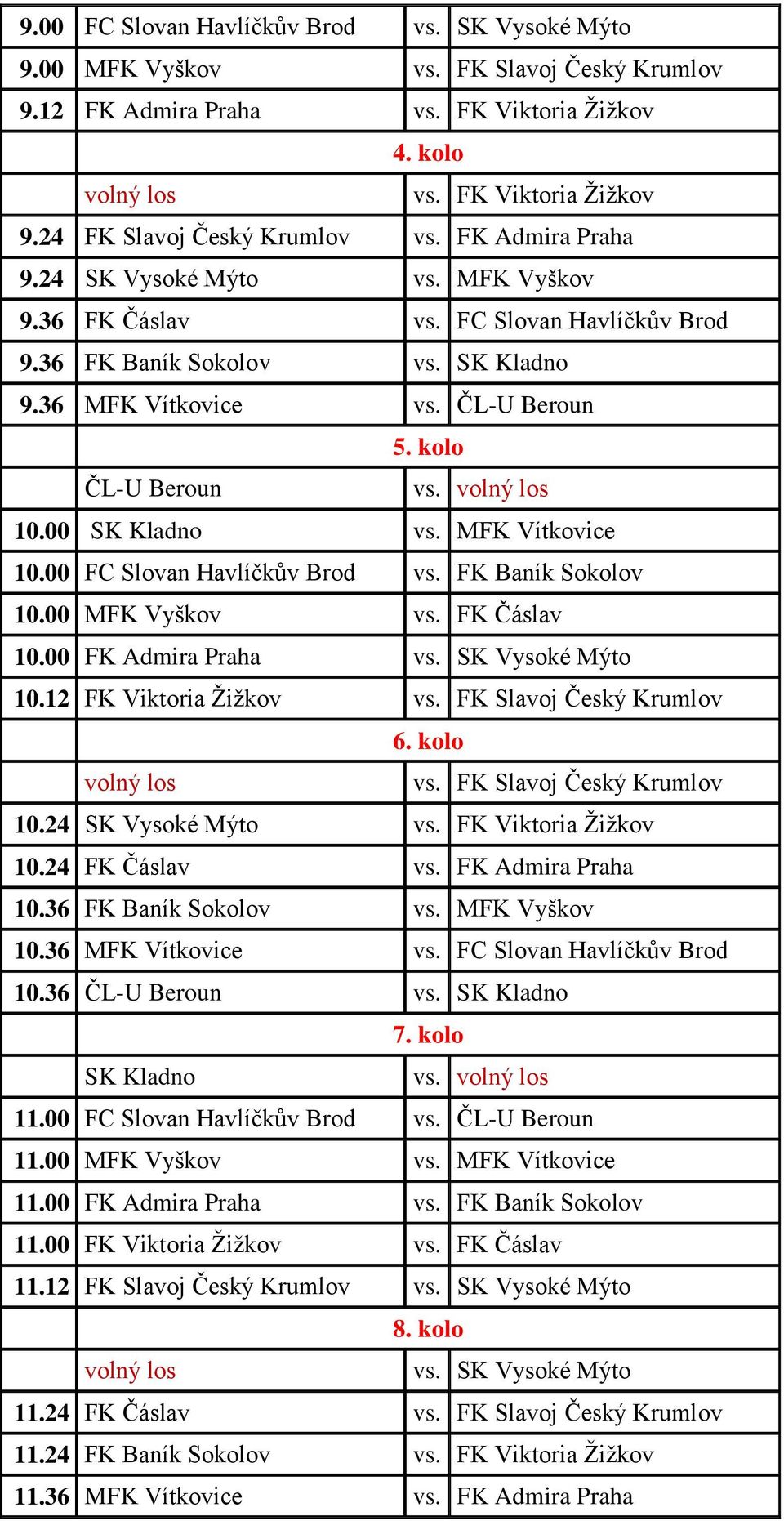 00 SK Kladno vs. MFK Vítkovice 10.00 FC Slovan Havlíčkův Brod vs. FK Baník Sokolov 10.00 MFK Vyškov vs. FK Čáslav 10.00 FK Admira Praha vs. SK Vysoké Mýto 10.12 FK Viktoria Žižkov vs.