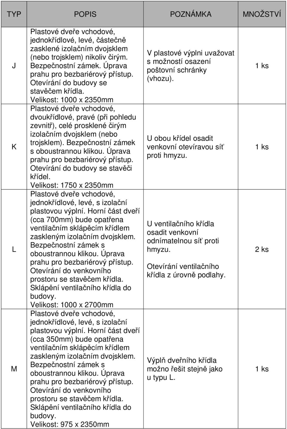 Bezpečnostní zámek s oboustrannou klikou. Úprava prahu pro bezbariérový přístup. Otevírání do budovy se stavěči křídel.