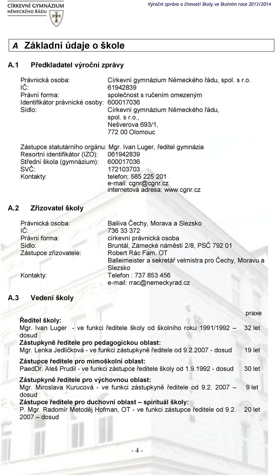 Ivan Luger, ředitel gymnázia Resortní identifikátor (IZO): 061942839 Střední škola (gymnázium): 600017036 SVČ: 172103703 Kontakty: telefon: 585 225 201 e-mail: cgnr@cgnr.cz internetová adresa: www.