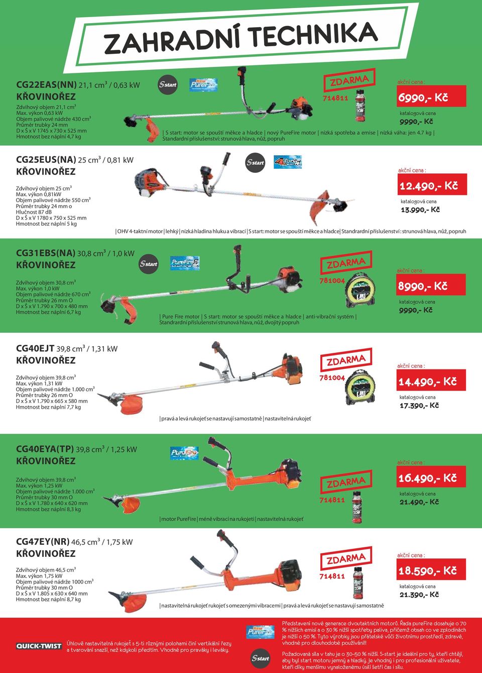PureFire motor nízká spotřeba a emise nízká váha: jen 4.7 kg Standardní příslušenství: strunová hlava, nůž, popruh CG25EUS(NA) 25 cm / 0,81 kw KŘOVINOŘEZ Zdvihový objem 25 cm Max.
