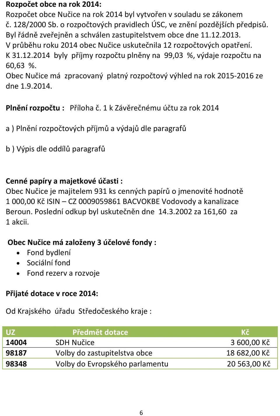 Obec Nučice má zpracovaný platný rozpočtový výhled na rok 2015-2016 ze dne 1.9.2014. Plnění rozpočtu : Příloha č.
