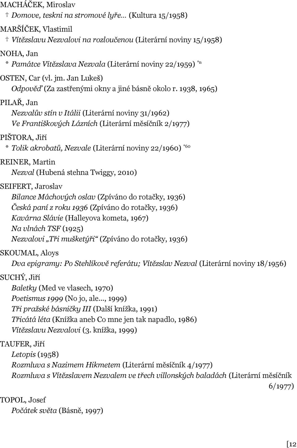 1938, 1965) PILAŘ, Jan Nezvalův stín v Itálii (Literární noviny 31/1962) Ve Františkových Lázních (Literární měsíčník 2/1977) PIŠTORA, Jiří * Tolik akrobatů, Nezvale (Literární noviny 22/1960) *60