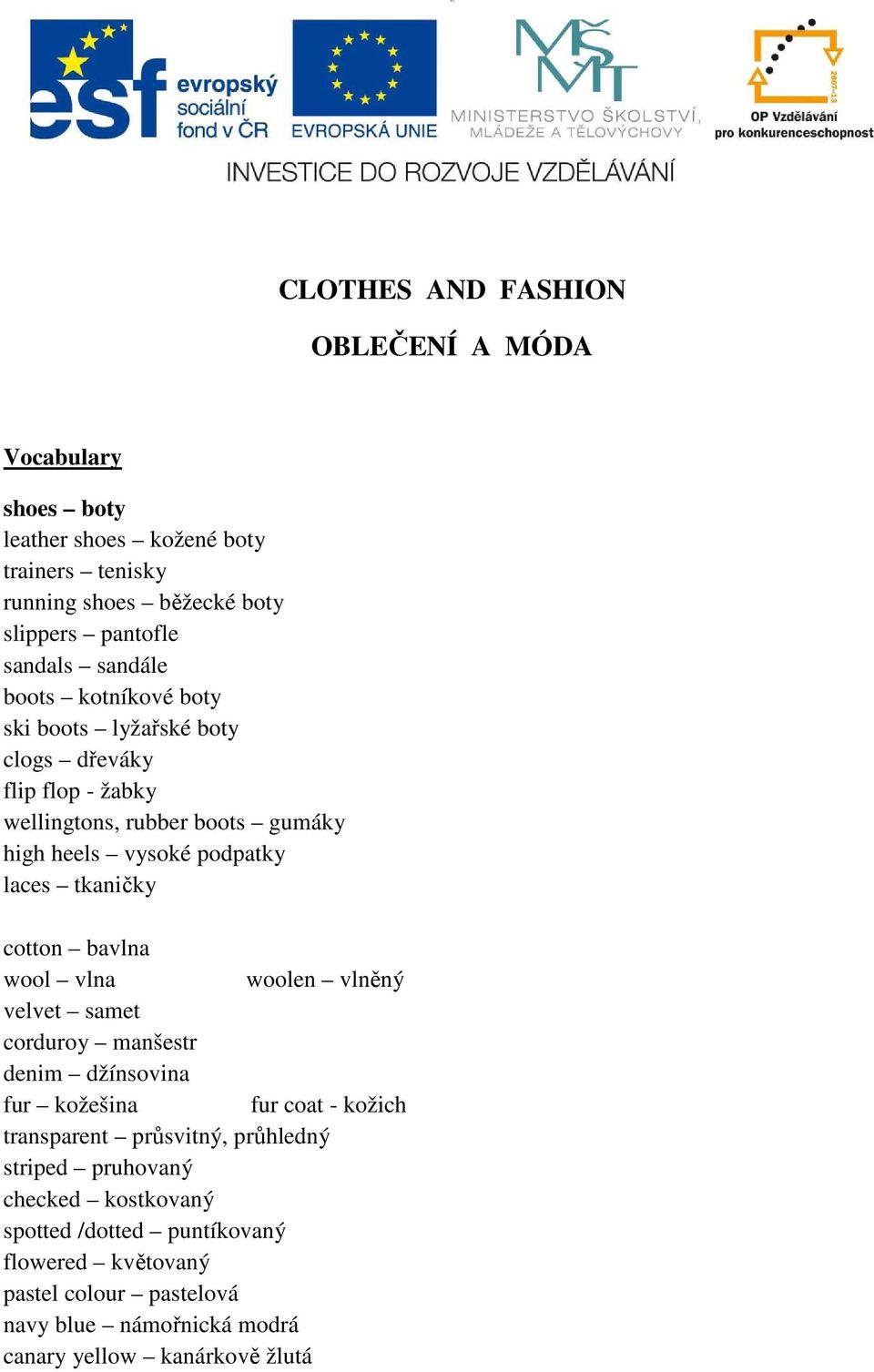 CLOTHES AND FASHION OBLEČENÍ A MÓDA. Vocabulary - PDF Free Download