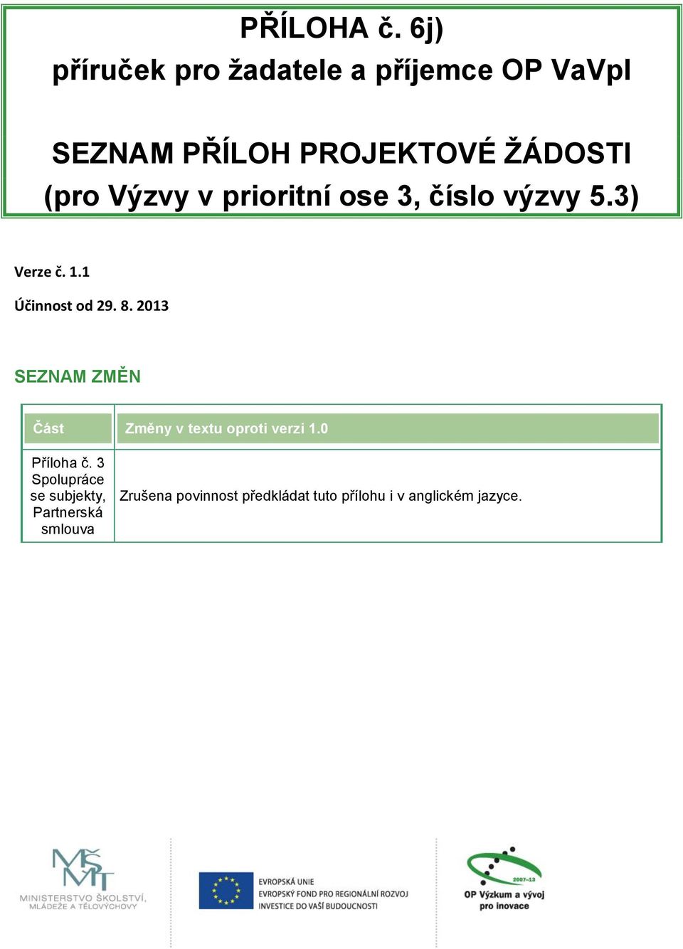 Výzvy v prioritní ose 3, číslo výzvy 5.3) Verze č. 1.1 Účinnost od 29. 8.