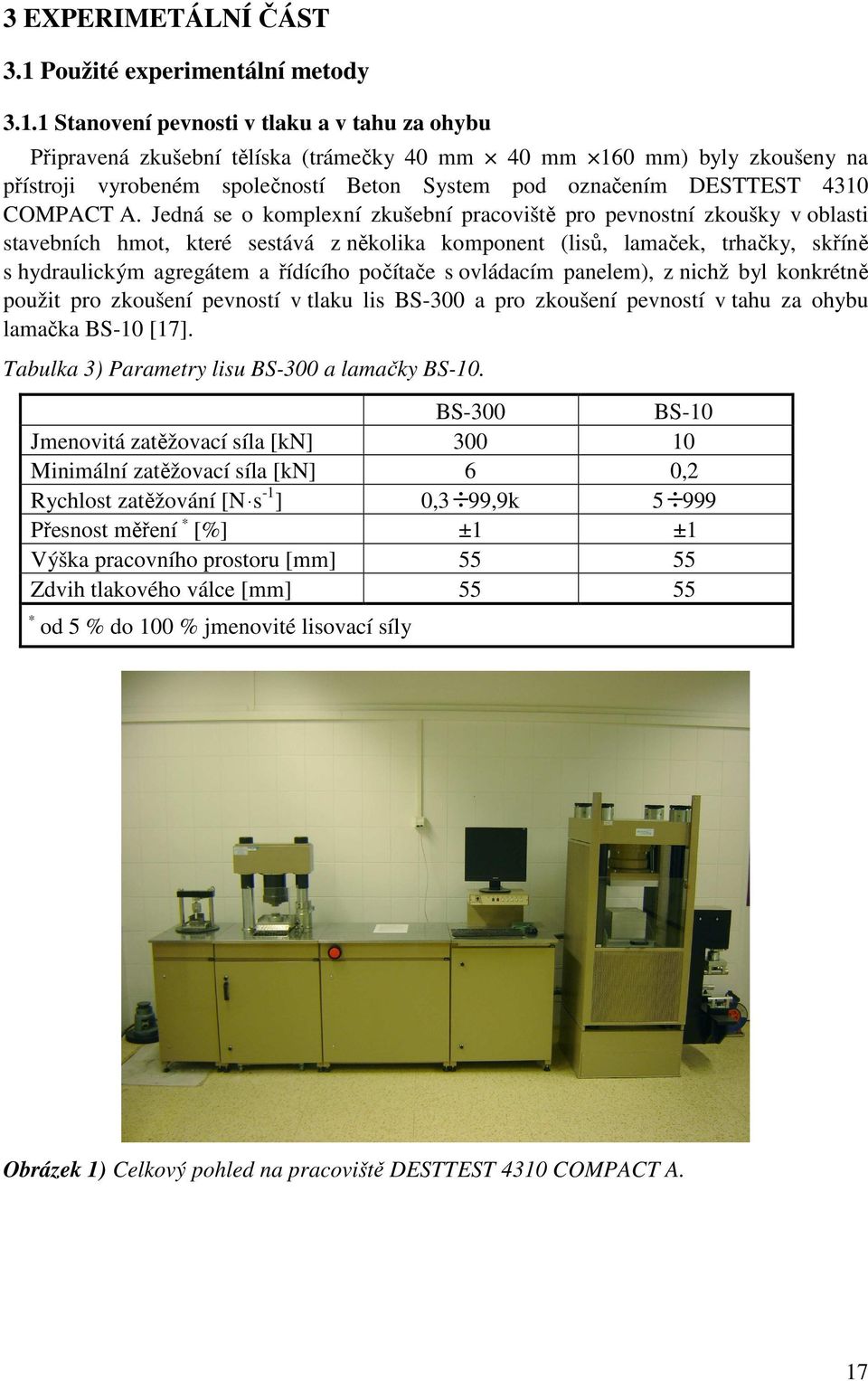 1 Stanovení pevnosti v tlaku a v tahu za ohybu Připravená zkušební tělíska (trámečky 40 mm 40 mm 160 mm) byly zkoušeny na přístroji vyrobeném společností Beton System pod označením DESTTEST 4310