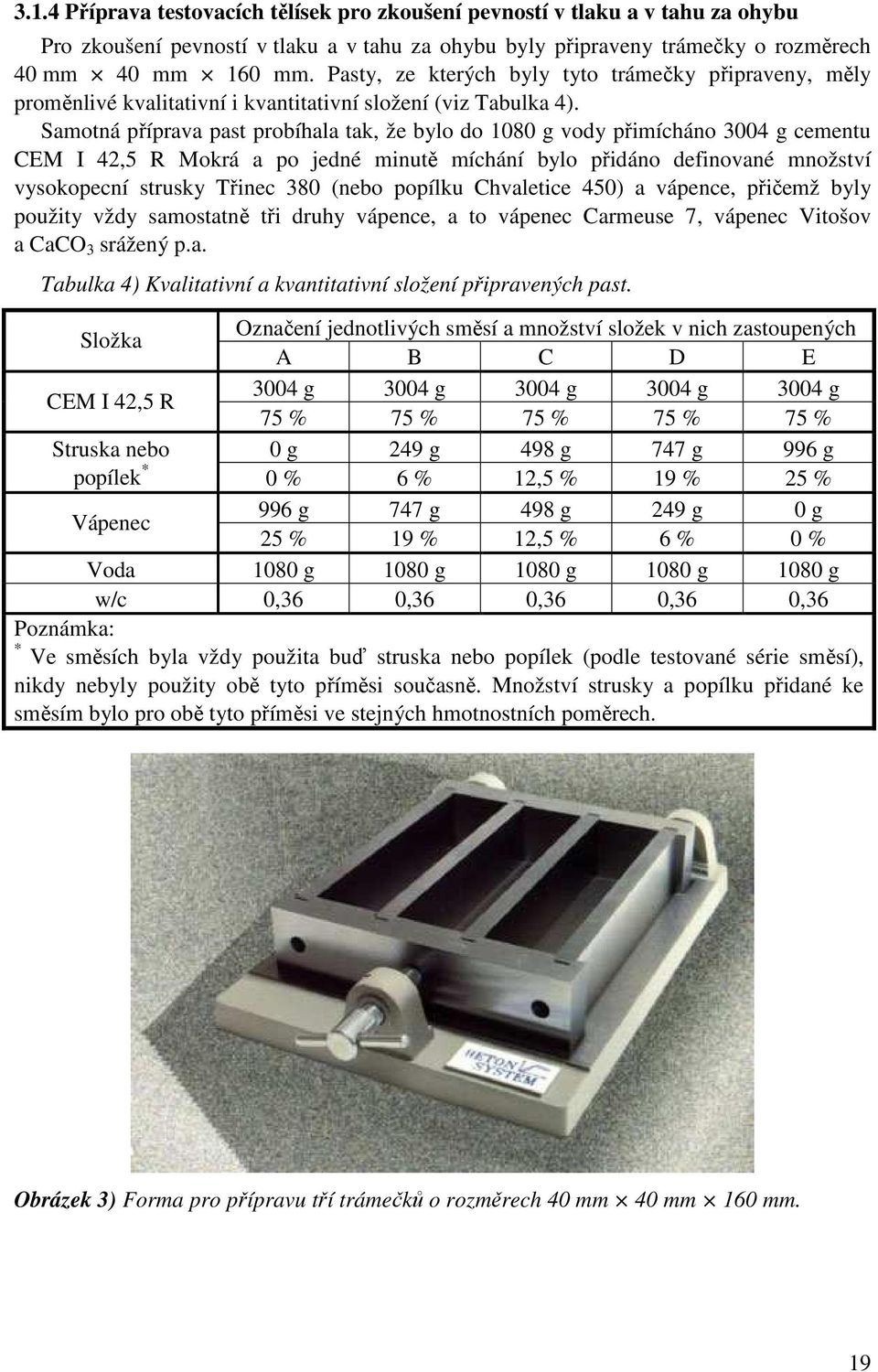 Samotná příprava past probíhala tak, že bylo do 1080 g vody přimícháno 3004 g cementu CEM I 42,5 R Mokrá a po jedné minutě míchání bylo přidáno definované množství vysokopecní strusky Třinec 380