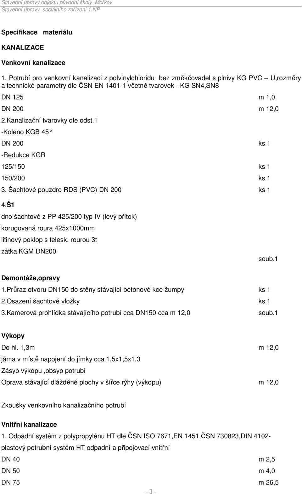 Kanalizační tvarovky dle odst.1 -Koleno KGB 45 DN 200 ks 1 -Redukce KGR 125/150 ks 1 150/200 ks 1 3. Šachtové pouzdro RDS (PVC) DN 200 ks 1 4.