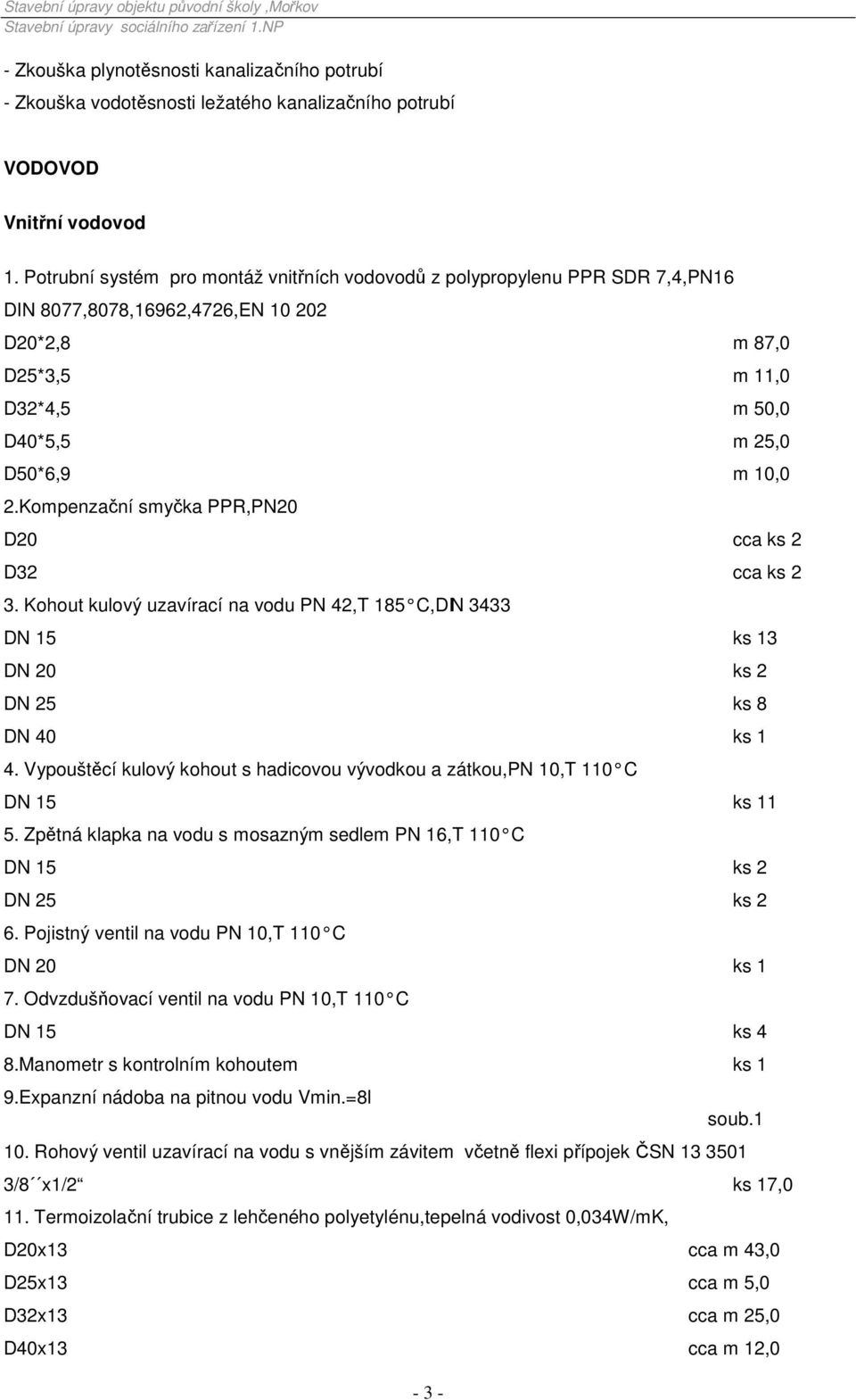 Kompenzační smyčka PPR,PN20 D20 cca ks 2 D32 cca ks 2 3. Kohout kulový uzavírací na vodu PN 42,T 185 C,DIN 3433 DN 15 ks 13 DN 20 ks 2 DN 25 ks 8 DN 40 ks 1 4.