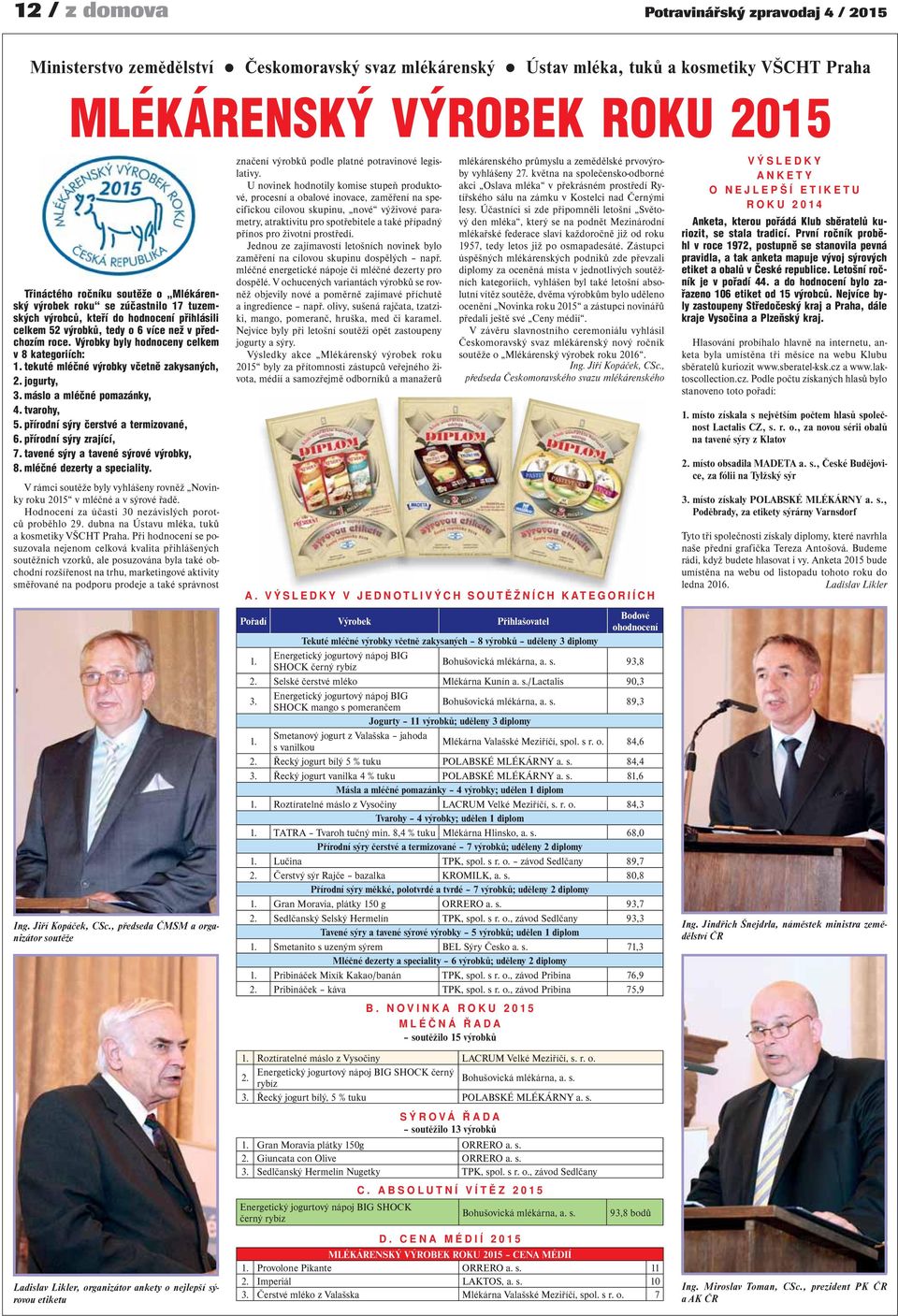 Výrobky byly hodnoceny celkem v 8 kategoriích: 1. tekuté mléčné výrobky včetně zakysaných, 2. jogurty, 3. máslo a mléčné pomazánky, 4. tvarohy, 5. přírodní sýry čerstvé a termizované, 6.