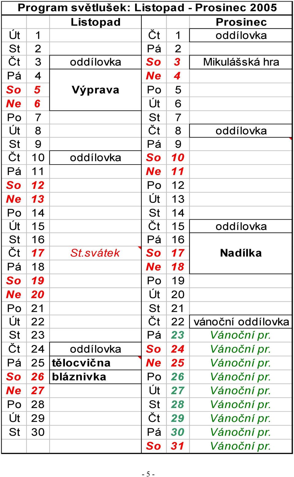 Út 15 Čt 15 oddílovka St 16 Pá 16 Čt 17 St.