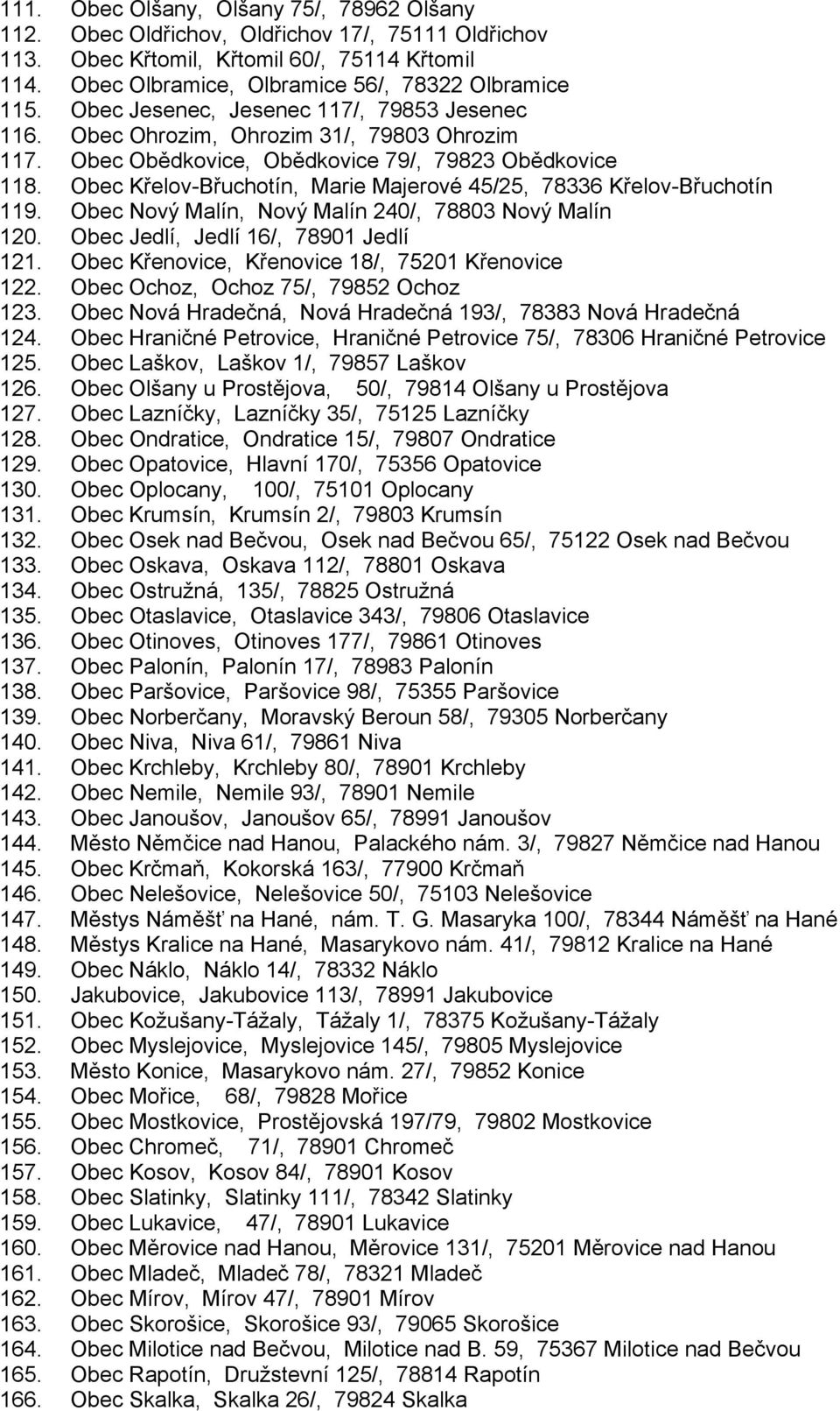 Obec Křelov-Břuchotín, Marie Majerové 45/25, 78336 Křelov-Břuchotín 119. Obec Nový Malín, Nový Malín 240/, 78803 Nový Malín 120. Obec Jedlí, Jedlí 16/, 78901 Jedlí 121.