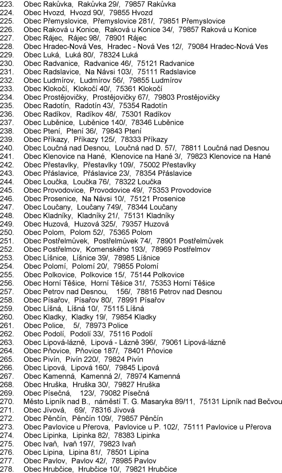 Obec Luká, Luká 80/, 78324 Luká 230. Obec Radvanice, Radvanice 46/, 75121 Radvanice 231. Obec Radslavice, Na Návsi 103/, 75111 Radslavice 232. Obec Ludmírov, Ludmírov 56/, 79855 Ludmírov 233.