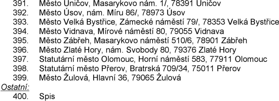 Město Zábřeh, Masarykovo náměstí 510/6, 78901 Zábřeh 396. Město Zlaté Hory, nám. Svobody 80, 79376 Zlaté Hory 397.