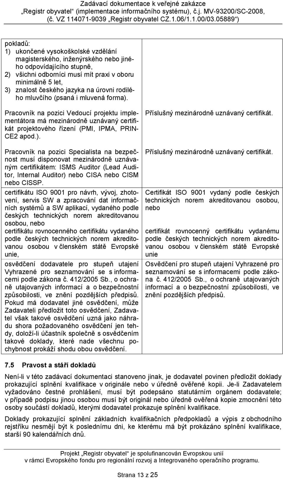 Pracovník na pozici Vedoucí projektu implementátora má mezinárodně uznávaný certifikát projektového řízení (PMI, IPMA, PRIN- CE2 apod.).