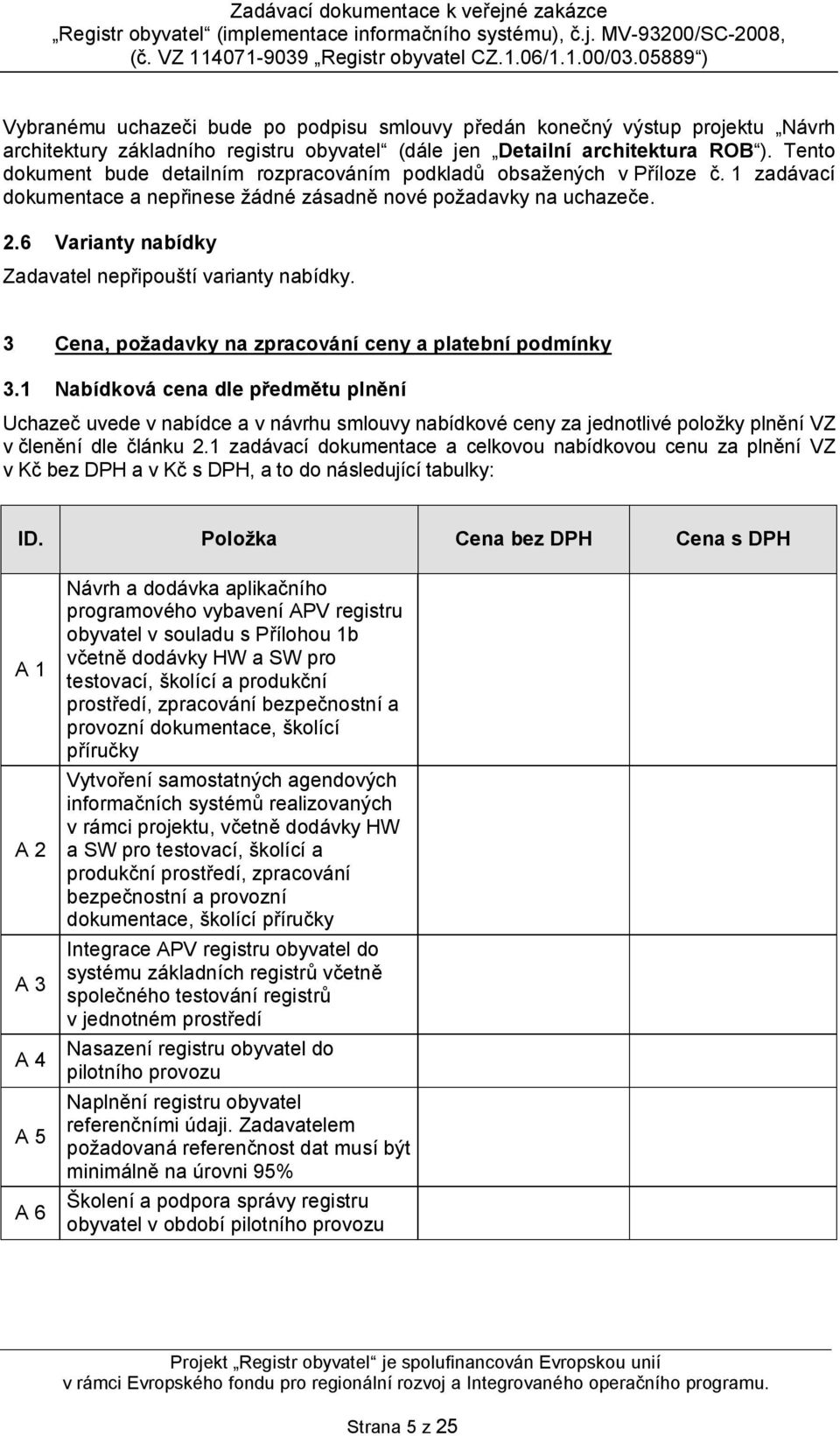 6 Varianty nabídky Zadavatel nepřipouští varianty nabídky. 3 Cena, požadavky na zpracování ceny a platební podmínky 3.