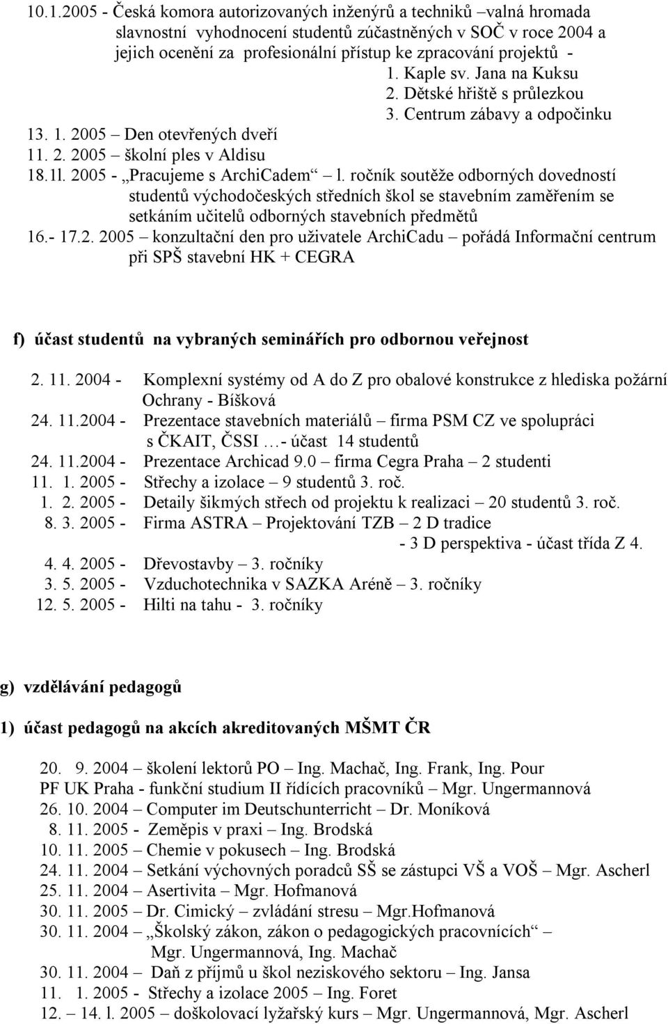 2005 - Pracujeme s ArchiCadem l. ročník soutěže odborných dovedností studentů východočeských středních škol se stavebním zaměřením se setkáním učitelů odborných stavebních předmětů 16.- 17.2. 2005 konzultační den pro uživatele ArchiCadu pořádá Informační centrum při SPŠ stavební HK + CEGRA f) účast studentů na vybraných seminářích pro odbornou veřejnost 2.