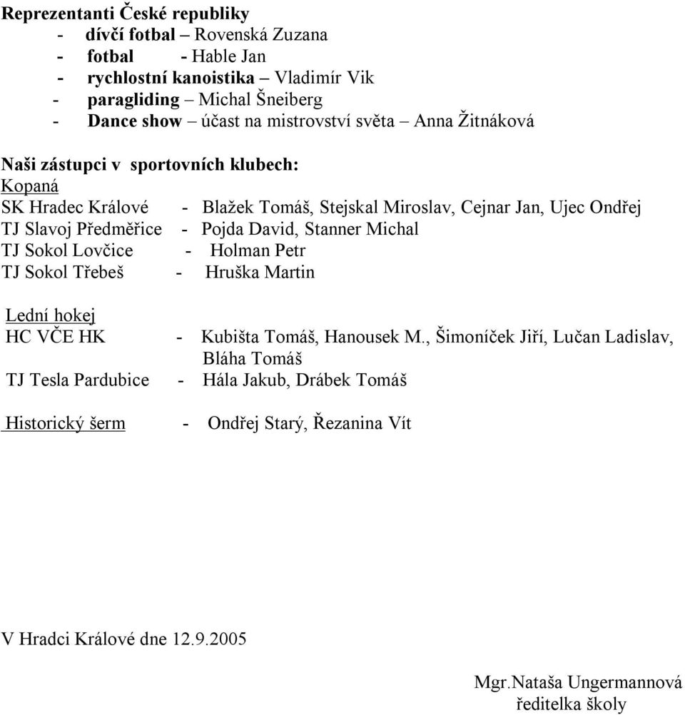 Předměřice - Pojda David, Stanner Michal TJ Sokol Lovčice - Holman Petr TJ Sokol Třebeš - Hruška Martin Lední hokej HC VČE HK TJ Tesla Pardubice - Kubišta Tomáš, Hanousek M.