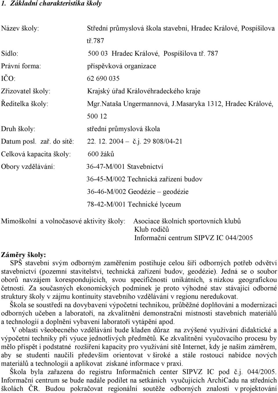 Masaryka 1312, Hradec Králové, 500 12 Druh školy: střední průmyslová škola Datum posl. zař. do sítě: 22. 12. 2004 č.j.