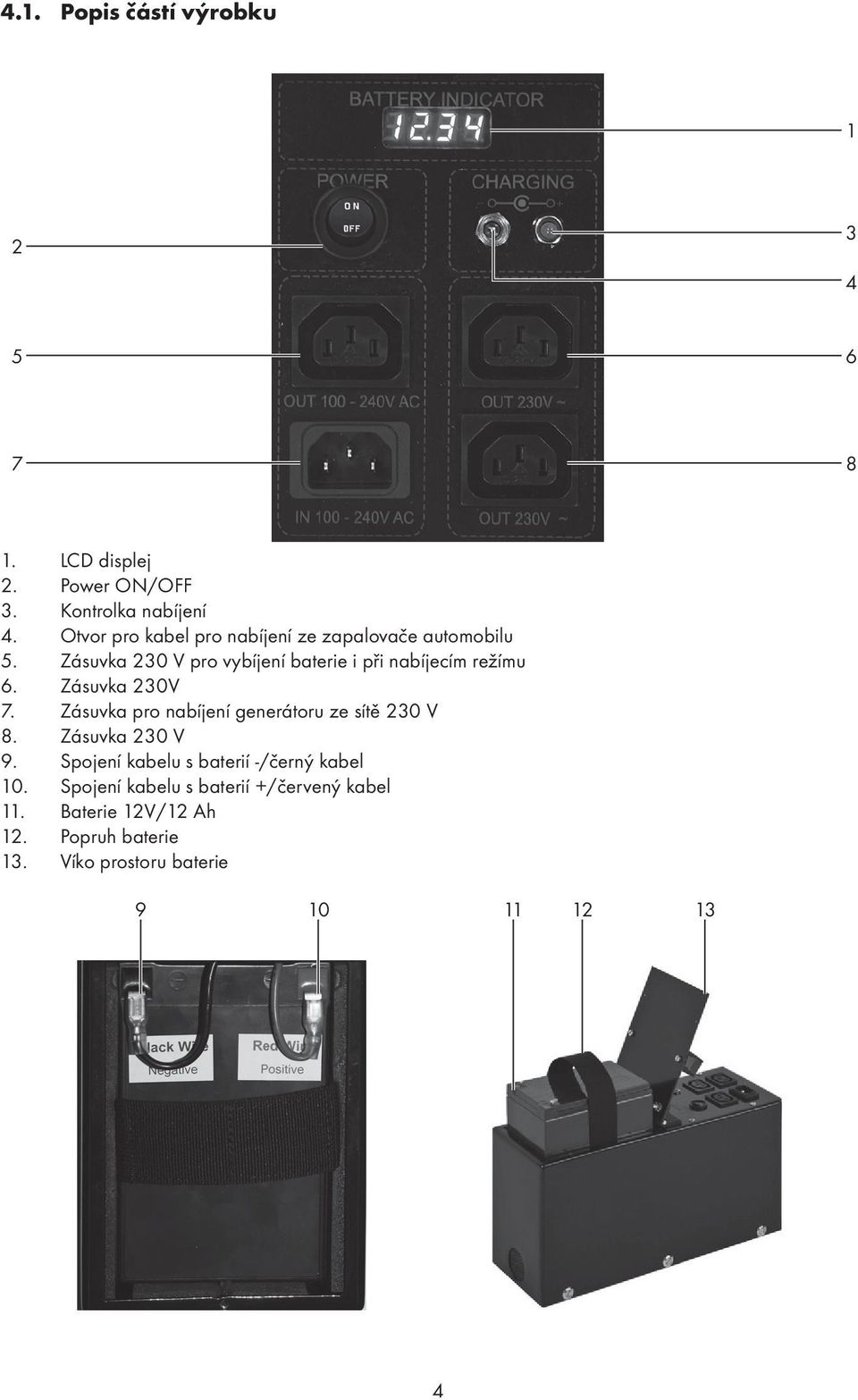 Zásuvka 230 V pro vybíjení baterie i při nabíjecím režímu 6. Zásuvka 230V 7.