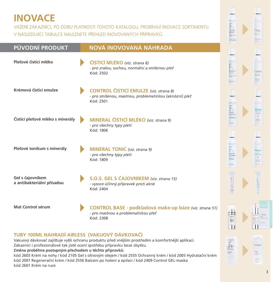 strana 8) - pro smíšenou, mastnou, problematickou (aknózní) pleť Kód: 2501 Čisticí pleťové mléko s minerály MINERAL ČISTICÍ MLÉKO (viz.