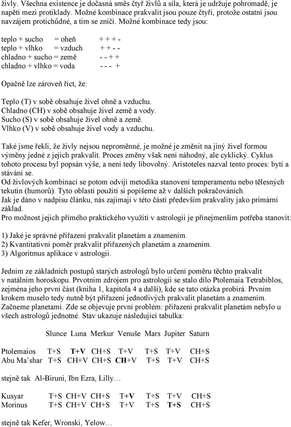 Možné kombinace tedy jsou: teplo + sucho = oheň teplo + vlhko = vzduch chladno + sucho = země chladno + vlhko = voda +++++---++ --- + Opačně lze zároveň říct, že: Teplo (T) v sobě obsahuje živel ohně