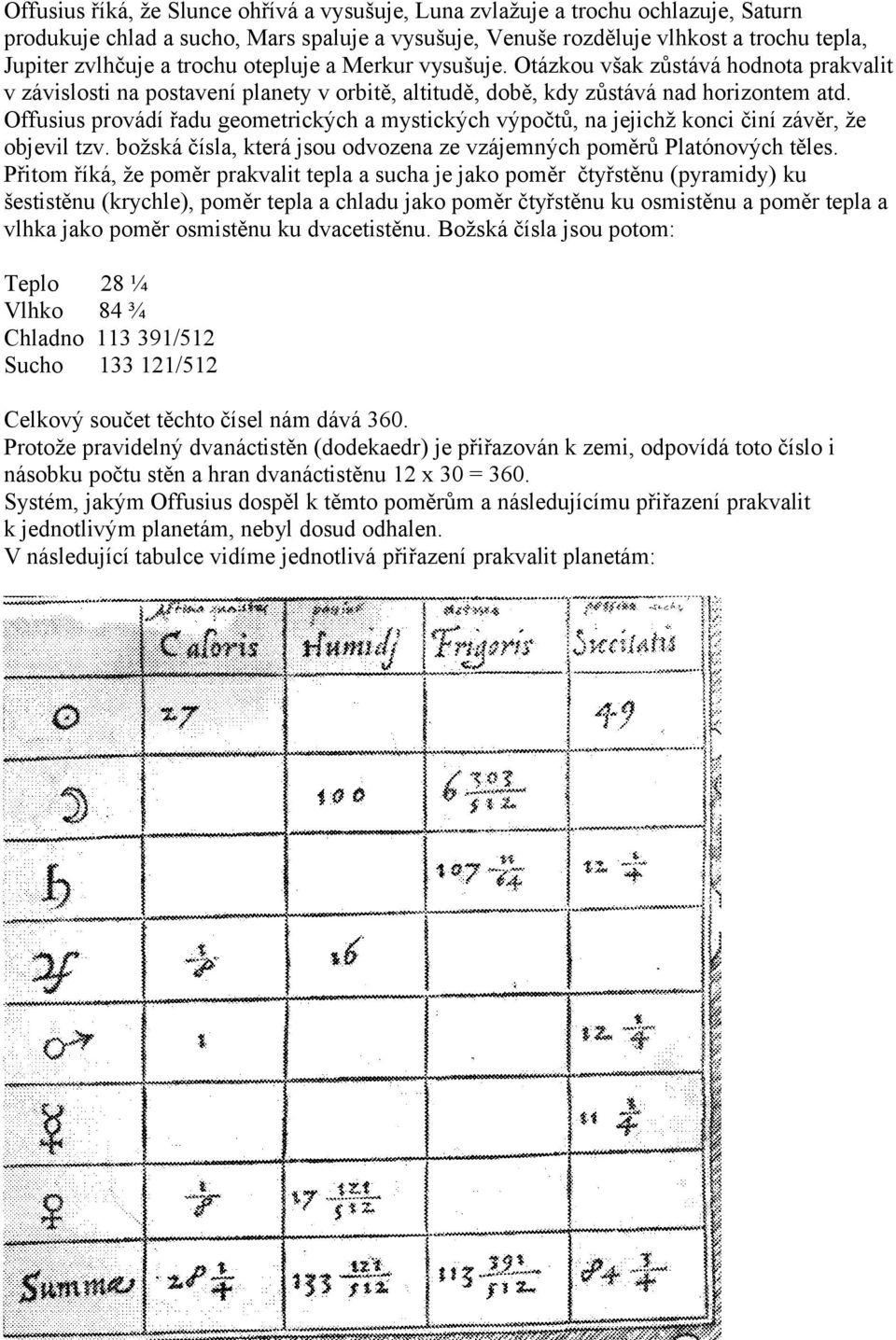 Offusius provádí řadu geometrických a mystických výpočtů, na jejichž konci činí závěr, že objevil tzv. božská čísla, která jsou odvozena ze vzájemných poměrů Platónových těles.