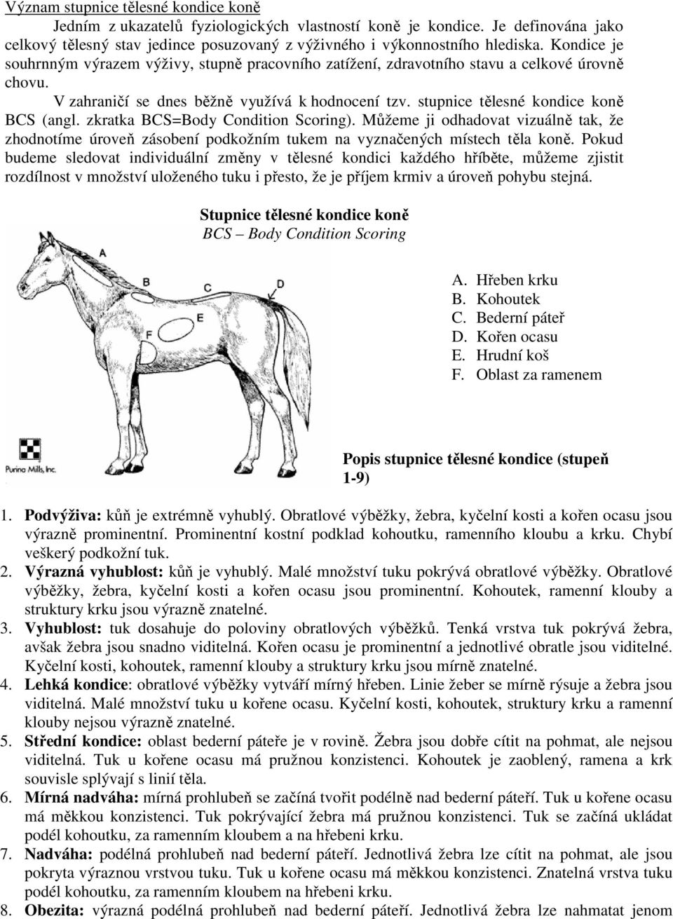 zkratka BCS=Body Condition Scoring). Můžeme ji odhadovat vizuálně tak, že zhodnotíme úroveň zásobení podkožním tukem na vyznačených místech těla koně.