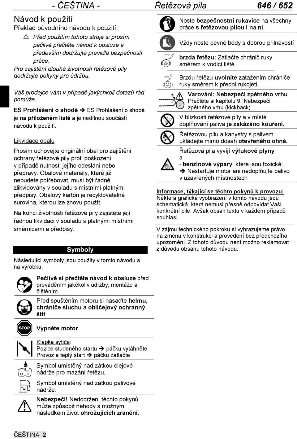 646 / 652. Řetězová pila. Překlad původního návodu k použití - PDF Stažení  zdarma