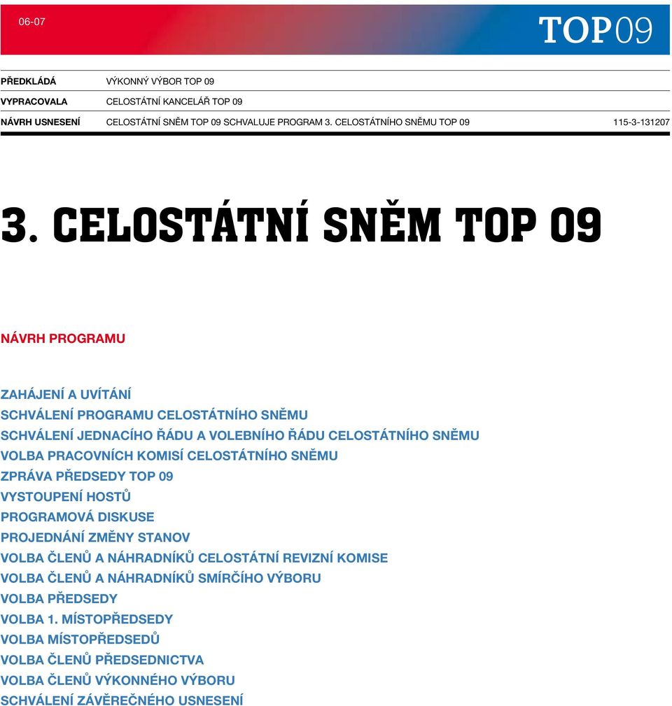 CELOSTÁTNÍ SNĚM TOP 09 návrh programu Zahájení a uvítání Schválení programu celostátního sněmu Schválení jednacího řádu a volebního řádu celostátního sněmu Volba pracovních