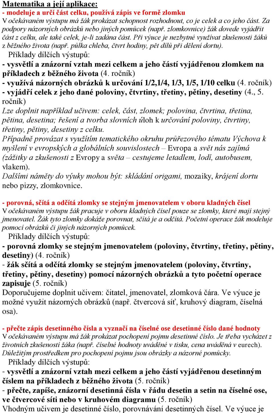 Při výuce je nezbytné využívat zkušenosti žáků z běžného života (např. půlka chleba, čtvrt hodiny, pět dílů při dělení dortu).