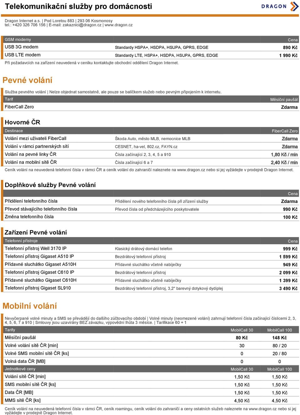 FiberCall Zero Hovorné ČR Destinace Volání mezi uživateli FiberCall Volání v rámci partnerských sítí Volání na pevné linky ČR Volání na mobilní sítě ČR Škoda Auto, město MLB, nemocnice MLB CESNET,