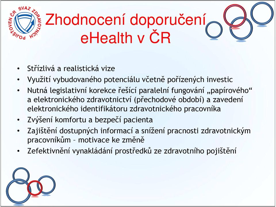 zavedení elektronického identifikátoru zdravotnického pracovníka Zvýšení komfortu a bezpečí pacienta Zajištění dostupných