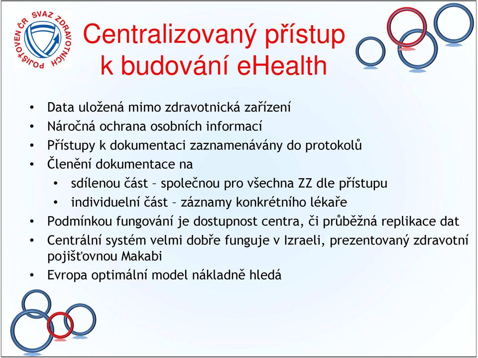 přístupu individuelní část záznamy konkrétního lékaře Podmínkou fungování je dostupnost centra, či průběžná replikace